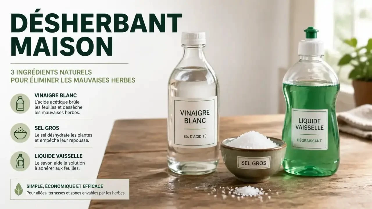 Ingrédients pour fabriquer un désherbant naturel au vinaigre blanc, sel et liquide vaisselle