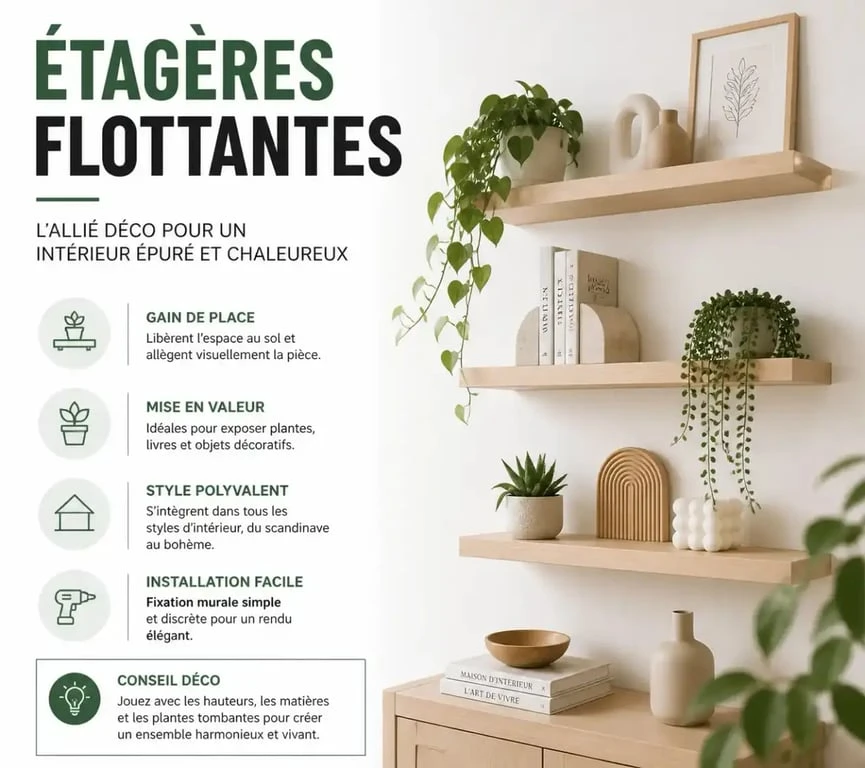 Étagères flottantes pour décorer un mur blanc de manière évolutive