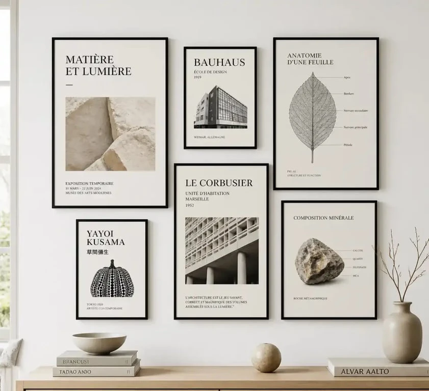 Exemple de mur galerie pour décorer un mur blanc avec des cadres harmonieux