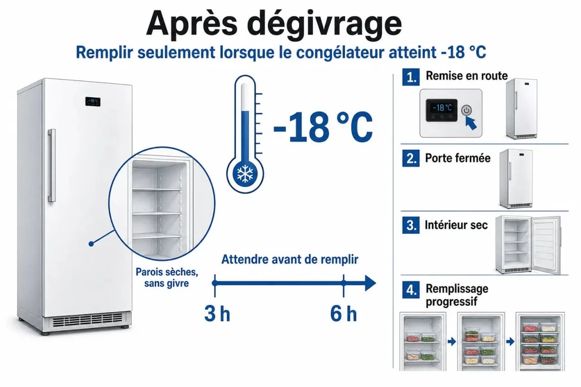 Combien de temps avant de remplir un congélateur après dégivrage : attente de 3 à 6 heures et contrôle à -18°C