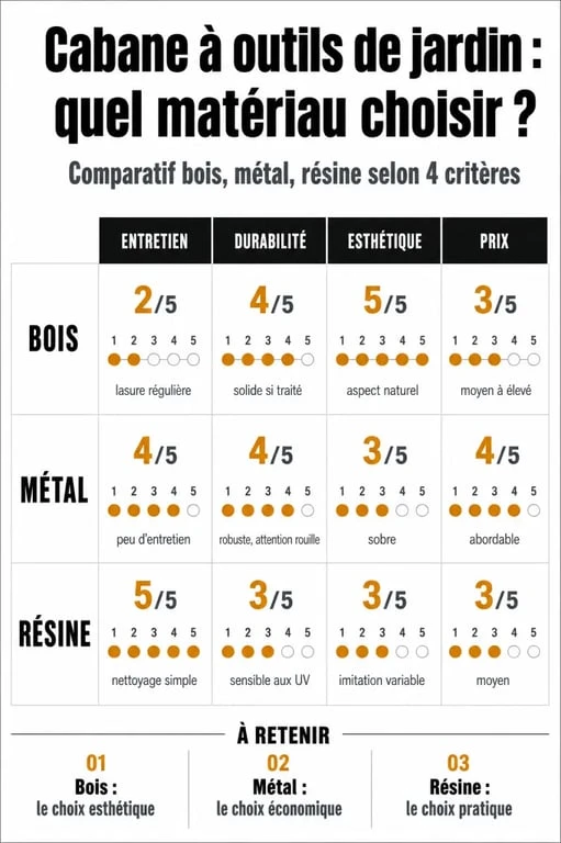 Tableau comparatif des matériaux pour cabane à outils de jardin : bois, métal et résine