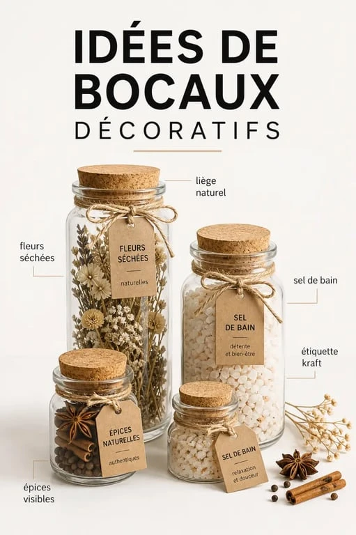 Ambiance deco bocaux avec pots en verre, liège, ficelle et étiquettes kraft