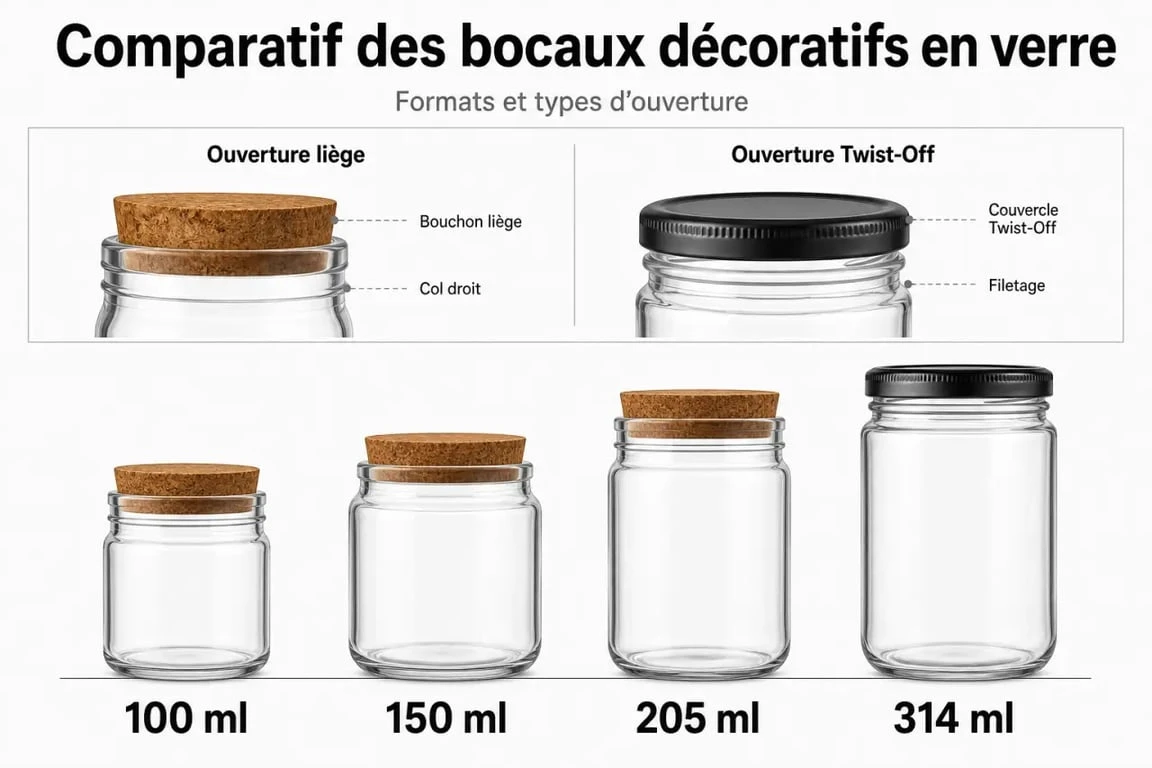 Infographie deco bocaux sur les formats, ouvertures et prix des bocaux décoratifs