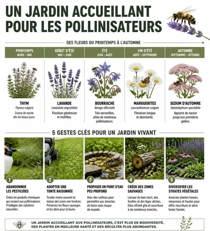 Attirer les pollinisateurs au jardin : schéma des plantes mellifères et des gestes clés pour un jardin accueillant