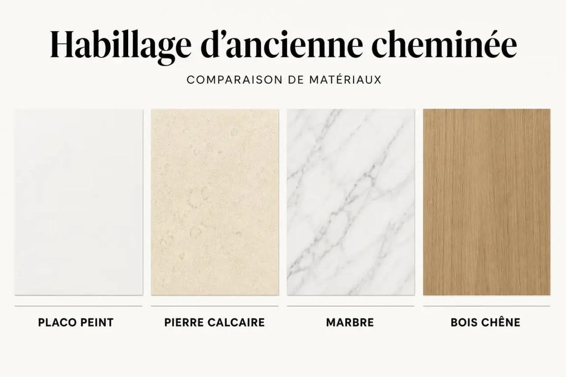 Habillage ancienne cheminée en placo, pierre, marbre et bois comparés visuellement