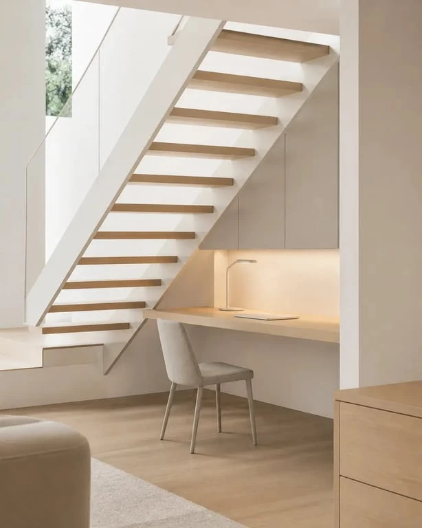 Aménagement sous escalier ouvert avec bureau compact et éclairage intégré