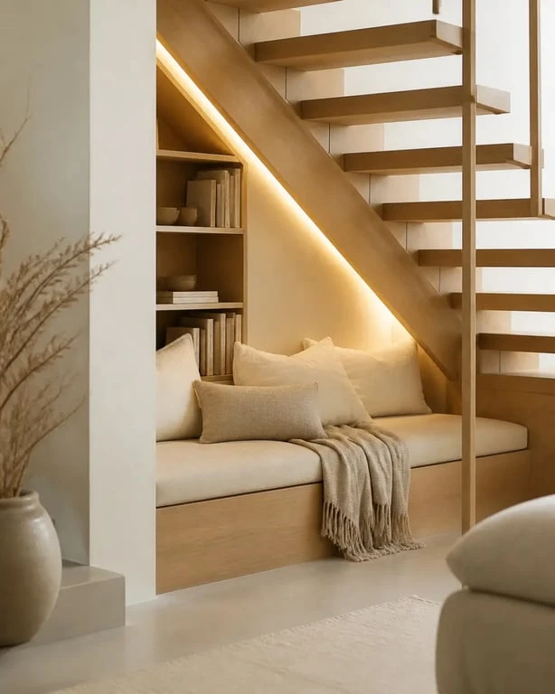 Aménagement sous escalier ouvert en coin lecture chaleureux avec banquette et rangements