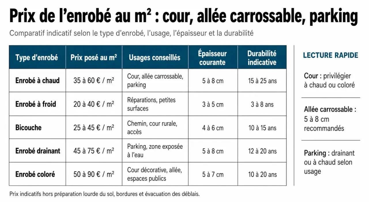 Comparatif enrobé prix m2 selon le type de chantier et le type d’enrobé