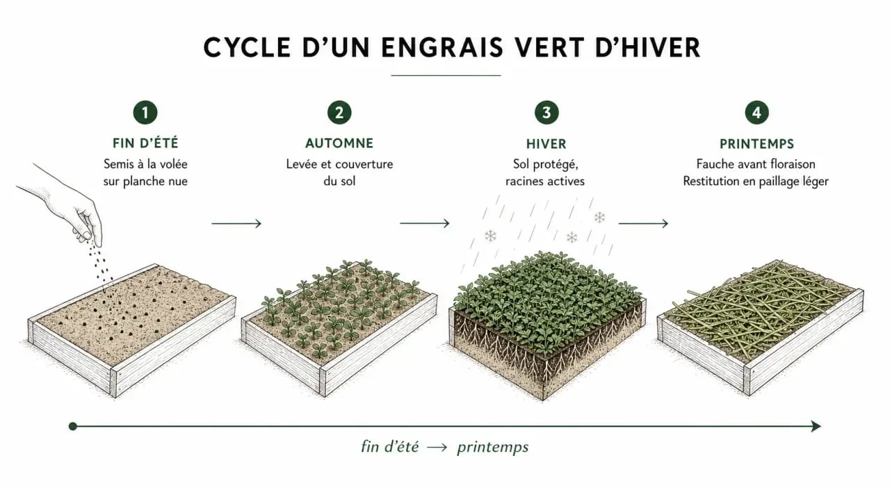 Cycle d’un engrais vert hiver au potager : semis, couverture, fauche et restitution au sol