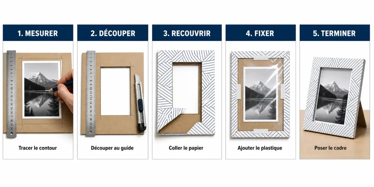 Cadre photo fabriquer soi-même en carton, étapes de mesure, découpe, décoration et assemblage