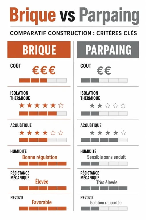 Infographie comparative brique ou parpaing montrant le coût, l'isolation, l'humidité et la résistance mécanique