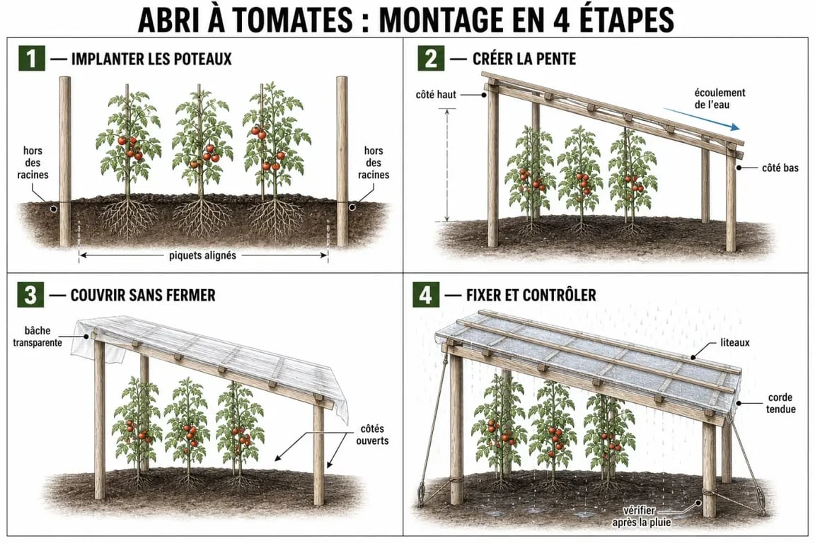 Abri tomates fait maison : schéma de montage en 4 étapes avec toit incliné et côtés ouverts