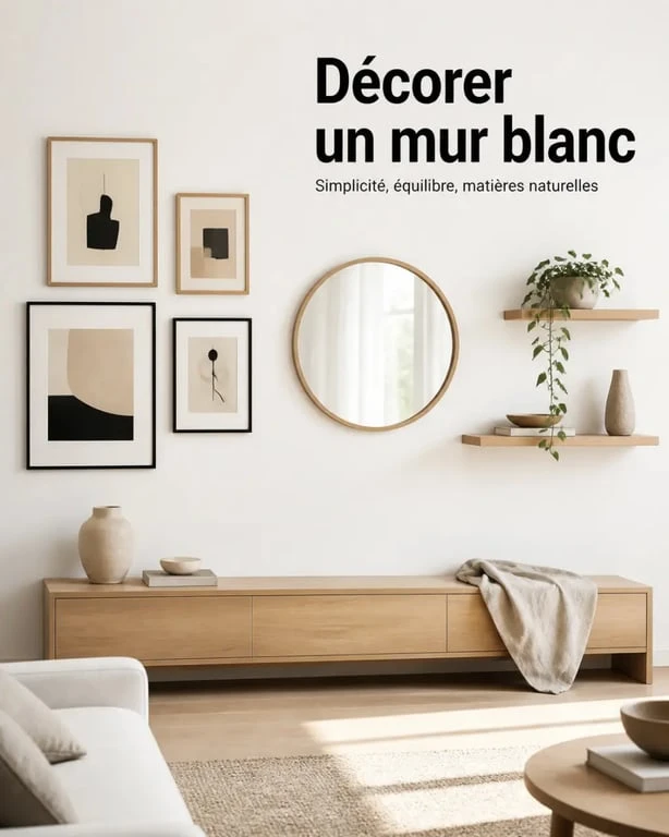 Décorer un mur blanc dans un intérieur lumineux avec cadres, miroir et étagères discrètes
