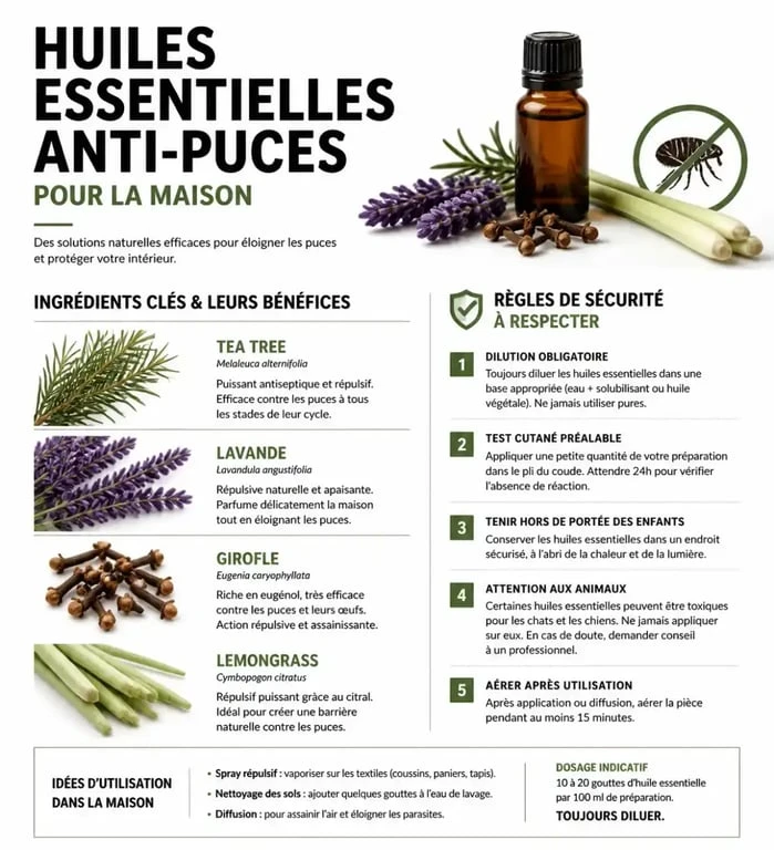 Infographie des huiles essentielles pour un spray anti-puce maison efficace et sécurisé