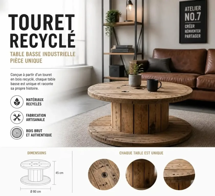 Table basse touret en bois dans un salon industriel