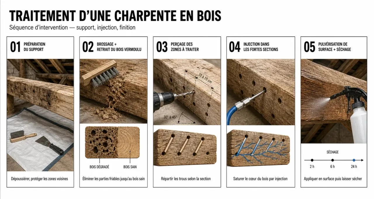 Traitement charpente bois : préparation, injection et pulvérisation sur une poutre