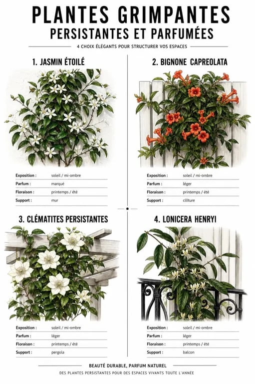 Comparatif de plante grimpante persistant pour mur, clôture, pergola et balcon