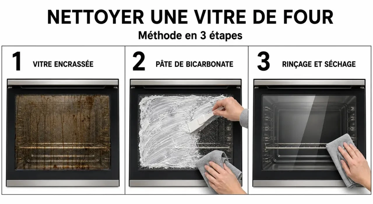 Comment nettoyer vitre four : avant et après nettoyage de la vitre d’un four avec bicarbonate