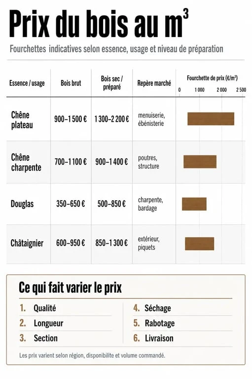 Prix bois au m3 : comparaison visuelle des fourchettes de prix selon l’essence et l’usage