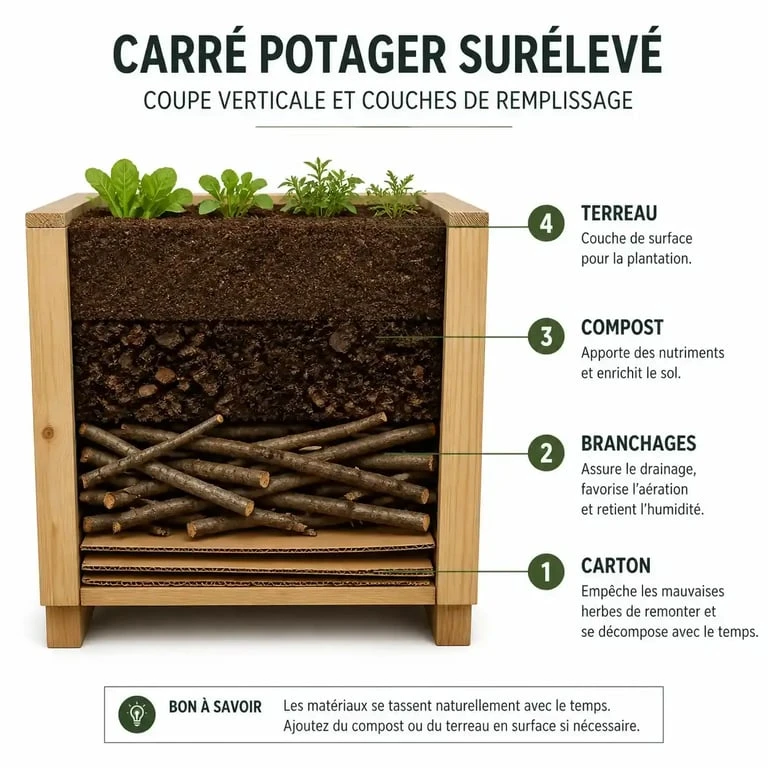 Schéma des couches de remplissage d'un carré potager pour un drainage optimal