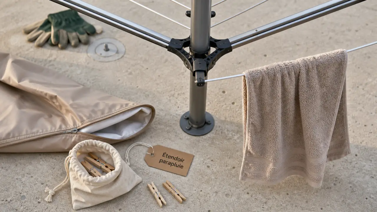 Étendoir parapluie extérieur ouvert sur terrasse béton