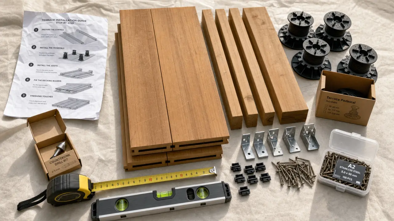 Kit terrasse prêt à poser, lames bois et plots réglables
