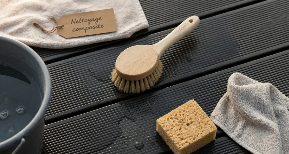 Nettoyer terrasse en composite : brosse et microfibre sur composite sombre