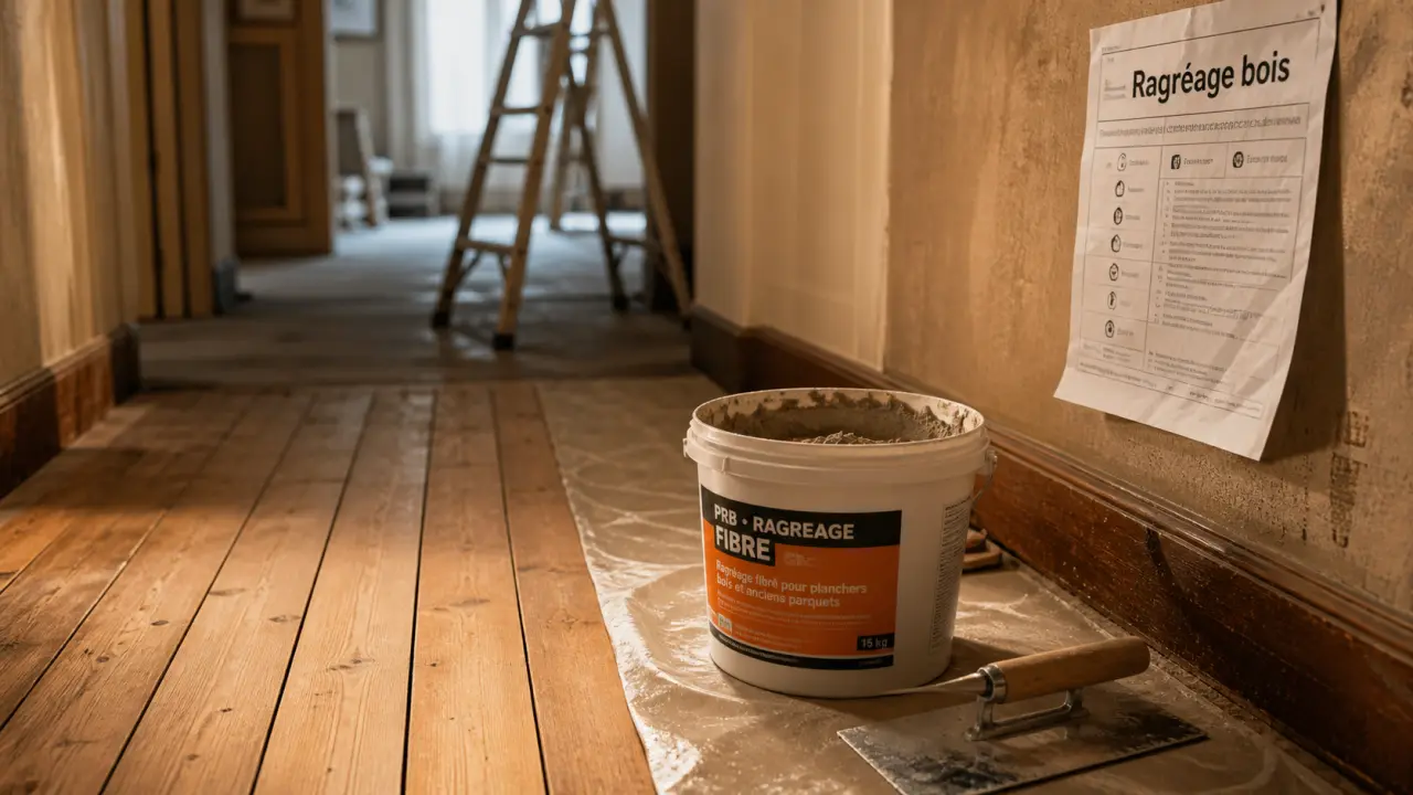 Ragréage sur plancher en bois : enduit en cours sur parquet
