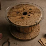 Touret en table basse : plateau en verre sur touret bois poncé