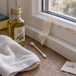 Enlever colle sur pvc fenetre : chiffon, alcool isopropylique et résidu sur cadre PVC