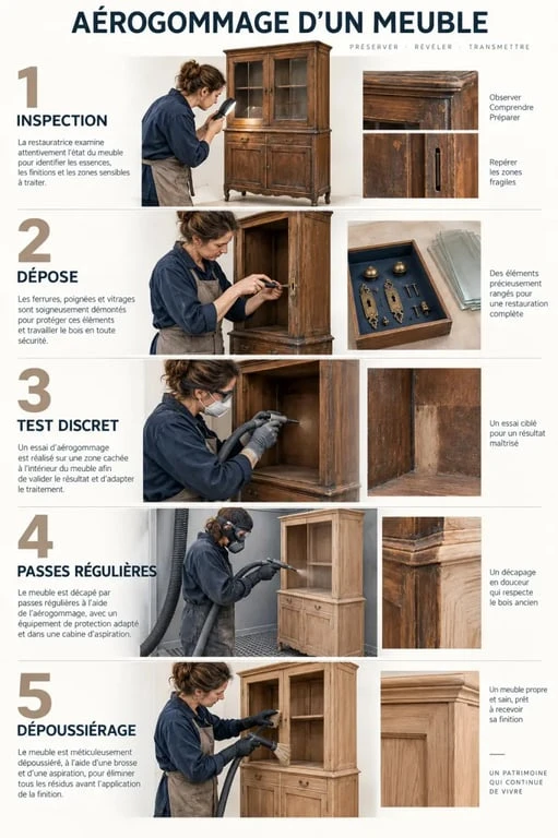 Étapes du sablage d’un meuble en bois par aérogommage