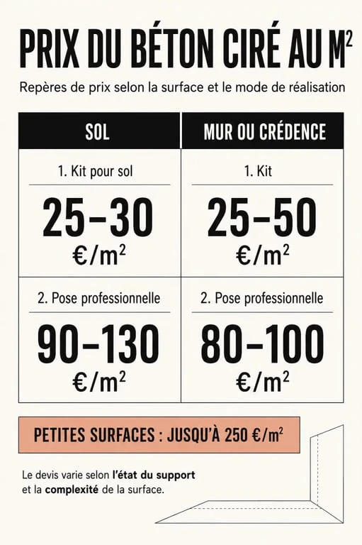 Prix du béton ciré au m2 selon le type de pose et la surface