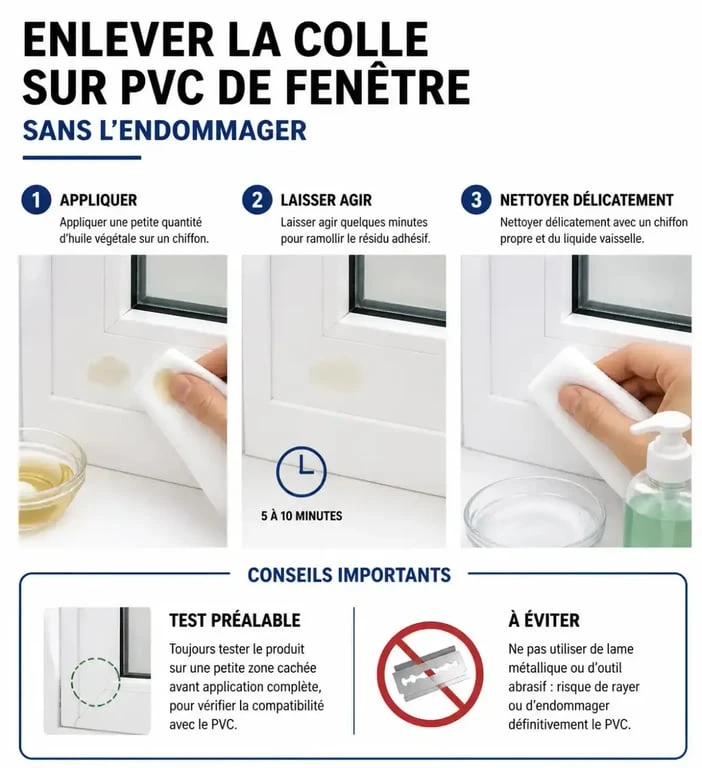 Étapes pour enlever colle sur pvc fenetre avec huile et chiffon sans rayer le cadre