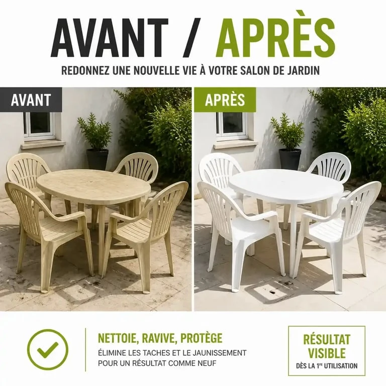 Résultat avant après pour raviver un salon de jardin en plastique