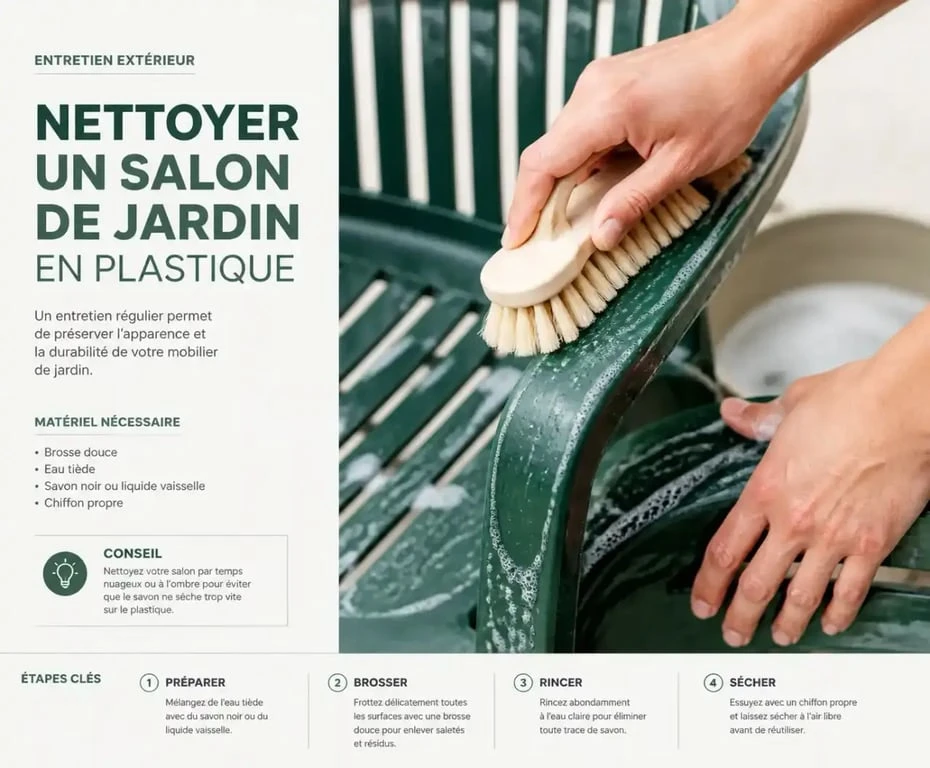 Nettoyage manuel d'un salon de jardin en plastique vert pour le raviver