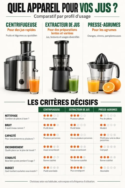 Infographie comparative pour choisir la meilleure centrifugeuse selon l’usage, le bruit et le nettoyage