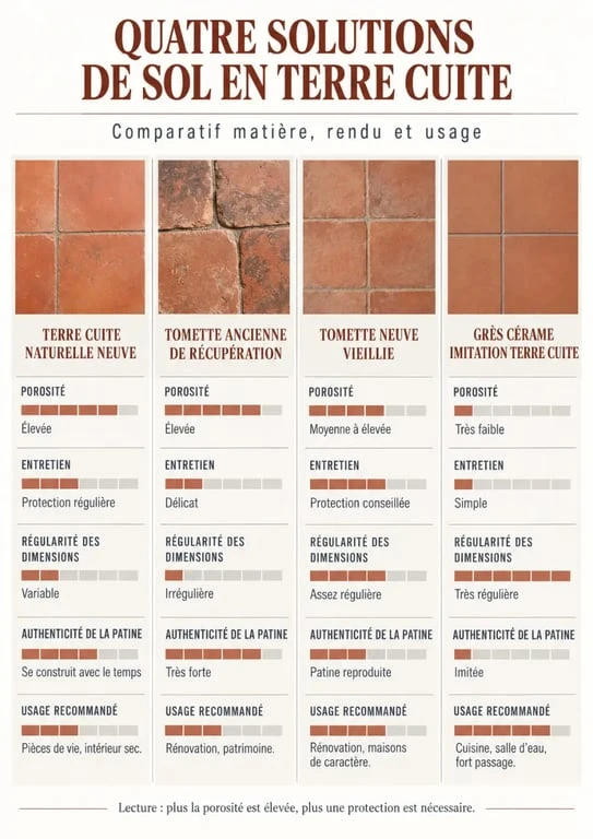 Infographie comparative des solutions de sol en terre cuite naturelle, tomette ancienne, tomette neuve et grès cérame imitation