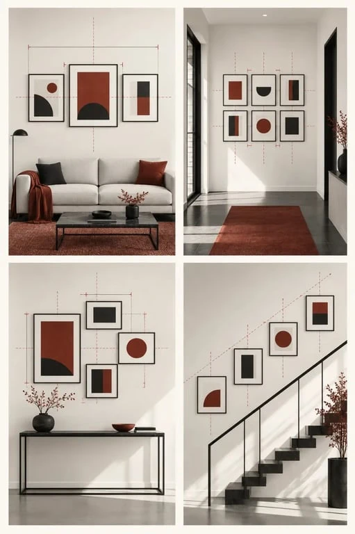 Exemples de disposition cadre mural centrée, en grille, asymétrique et en diagonale