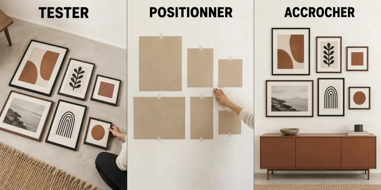 Préparation d’une disposition cadre mural avec gabarits en papier avant l’accrochage
