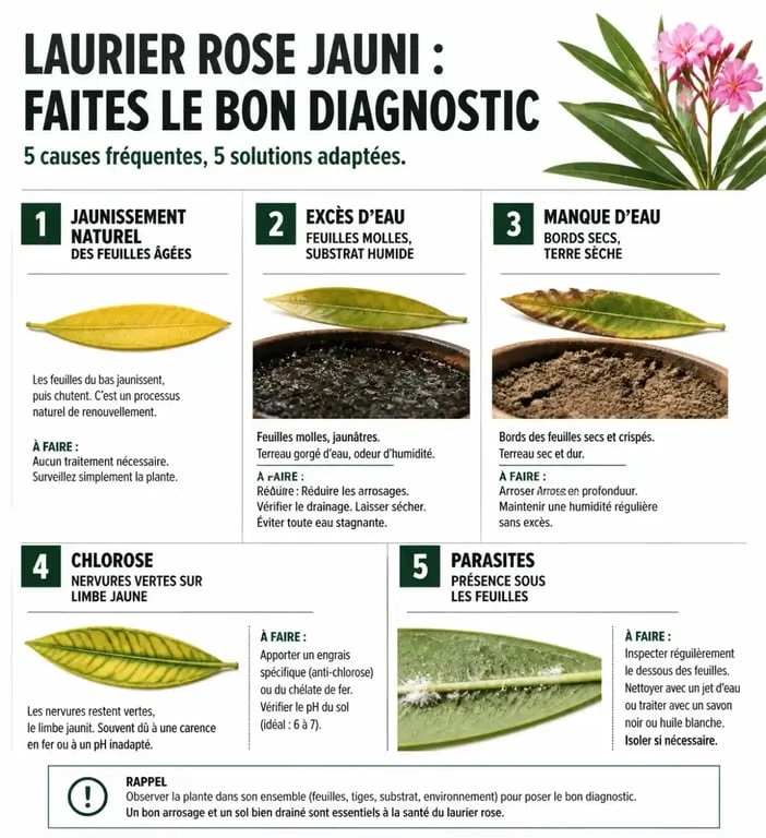 Laurier rose jauni : visuel des principales causes et symptômes à distinguer