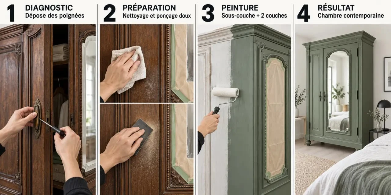 Étapes pour relooker une armoire ancienne en bois avec ponçage, sous-couche et peinture