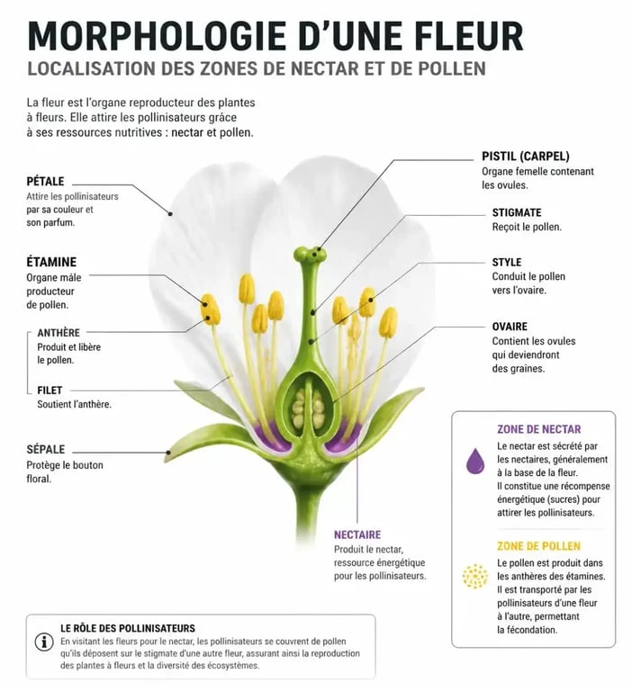 Schéma explicatif de la morphologie florale pour les plantes mellifères