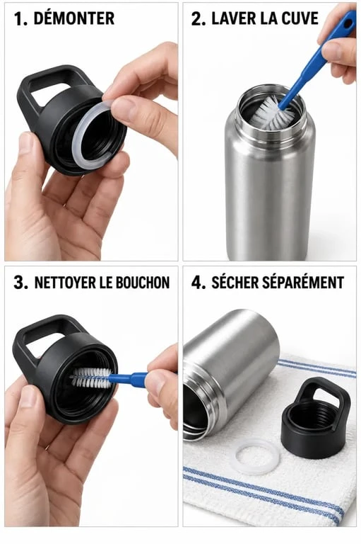 Nettoyer une gourde inox : cuve, bouchon, joint et séchage à l’air libre