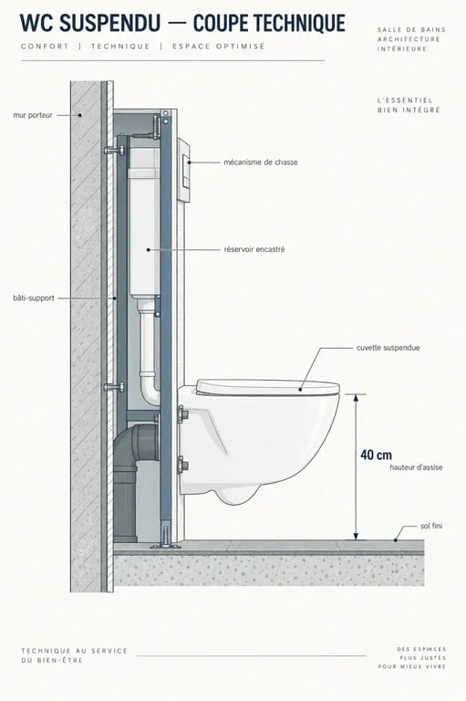 Schéma de la hauteur toilette suspendu entre bâti-support et cuvette