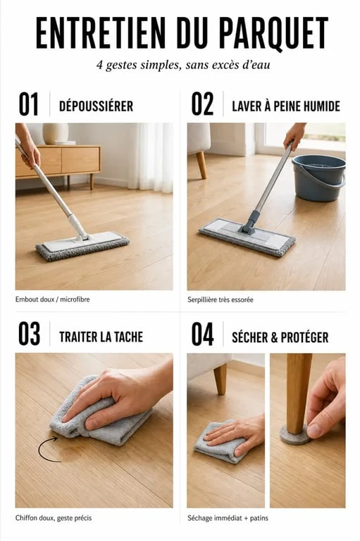 Nettoyer les parquets : étapes simples pour dépoussiérer, laver légèrement humide, traiter une tache et sécher sans abîmer le bois