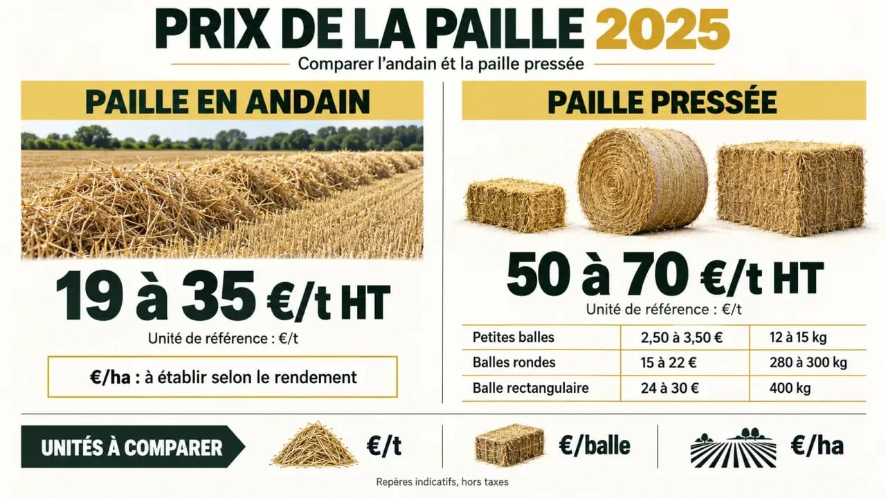 Infographie du prix paille 2025 selon le format, de l'andain aux bottes pressées