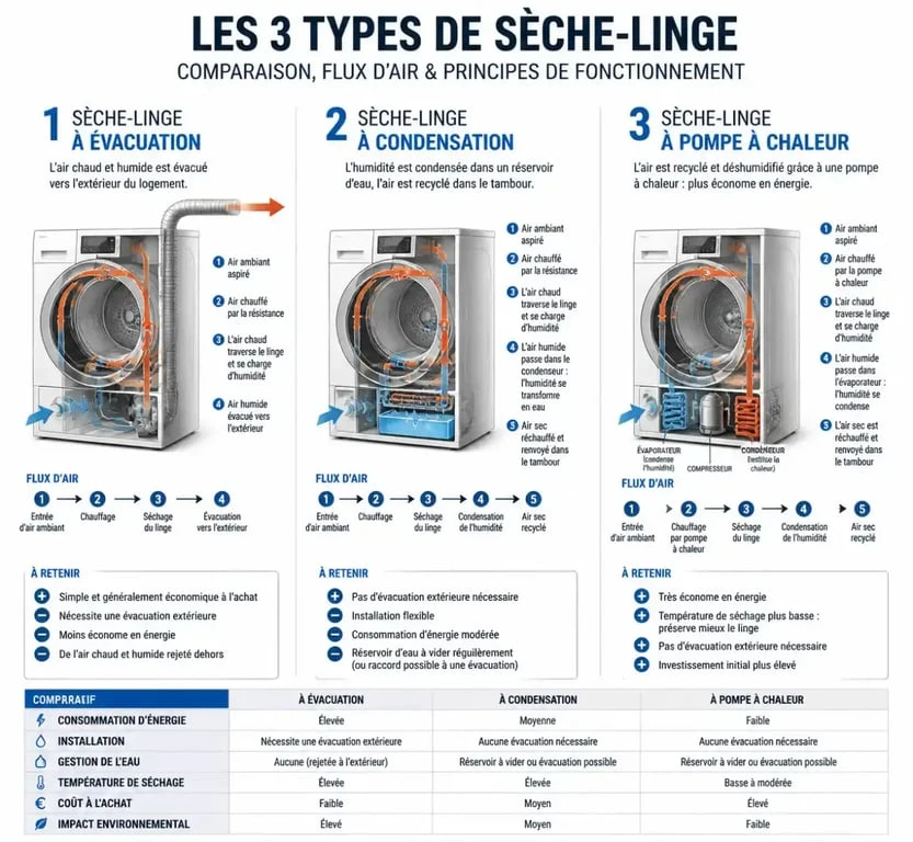 Comparatif des technologies de sèche-linge : évacuation, condensation et pompe à chaleur pour comprendre comment fonctionne un sèche-linge.