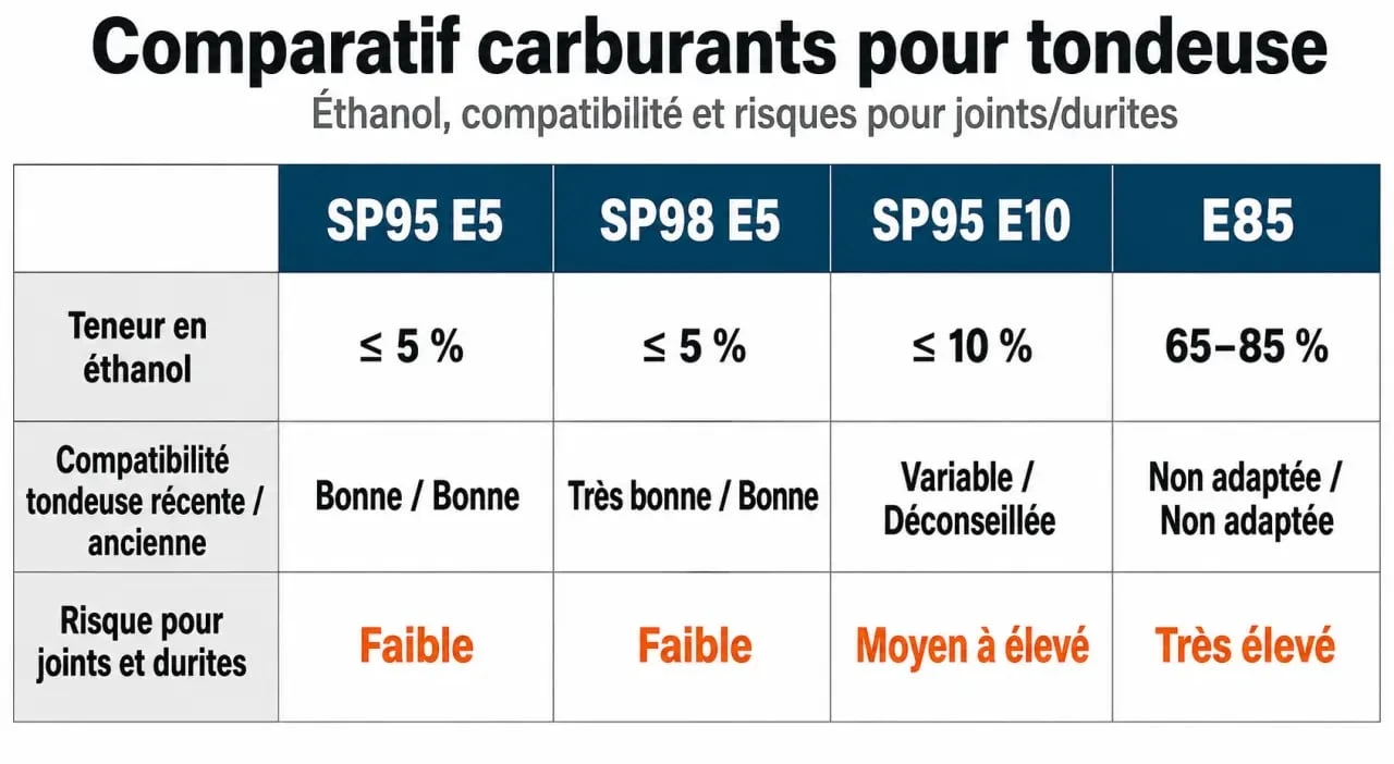 Essence tondeuse 95 ou 98 : comparaison du SP95 E5, SP98 E5, SP95 E10 et E85 pour une tondeuse