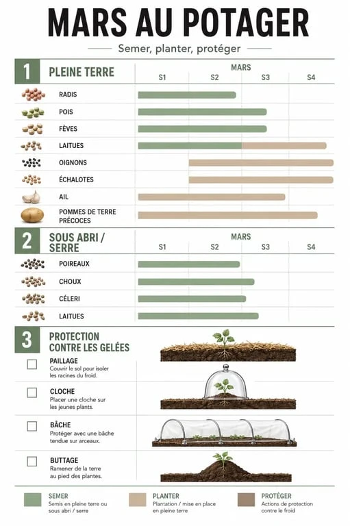 Que planter en mars au potager : calendrier visuel des semis, plantations et protections contre le froid