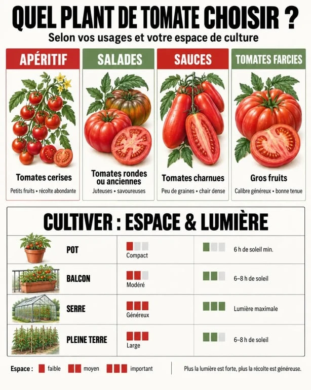 Infographie pour choisir un plant tomate selon l’usage et l’espace de culture
